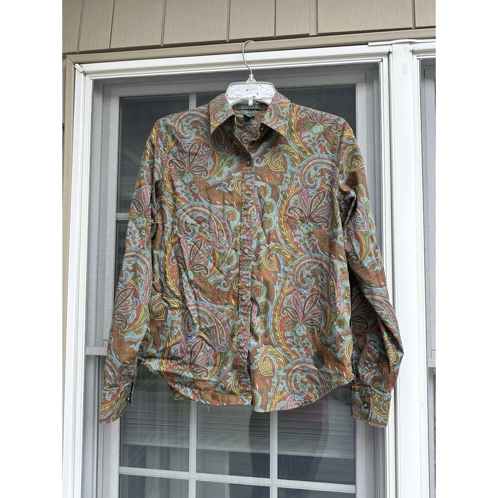 RALPH LAUREN Women's Med Blouse Paisley Tan Brown Neutral Preppy